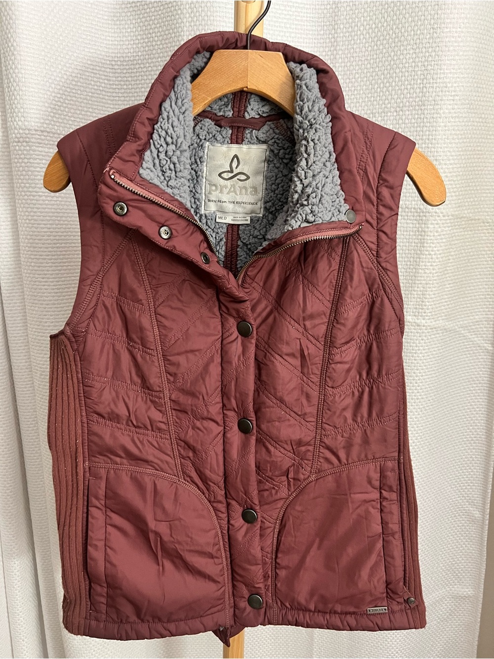 Prana Quilted Vest in Burgundy with Gray Sherpa Lining